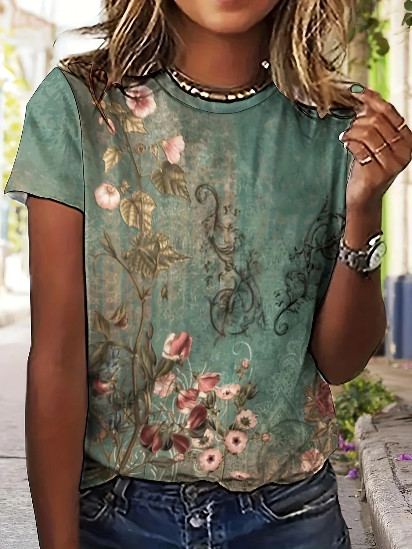 Women Short Sleeve T‑Shirt Vintage Distressed Green Floral Vine Flower Print Crew Neck Casual Summer Tops