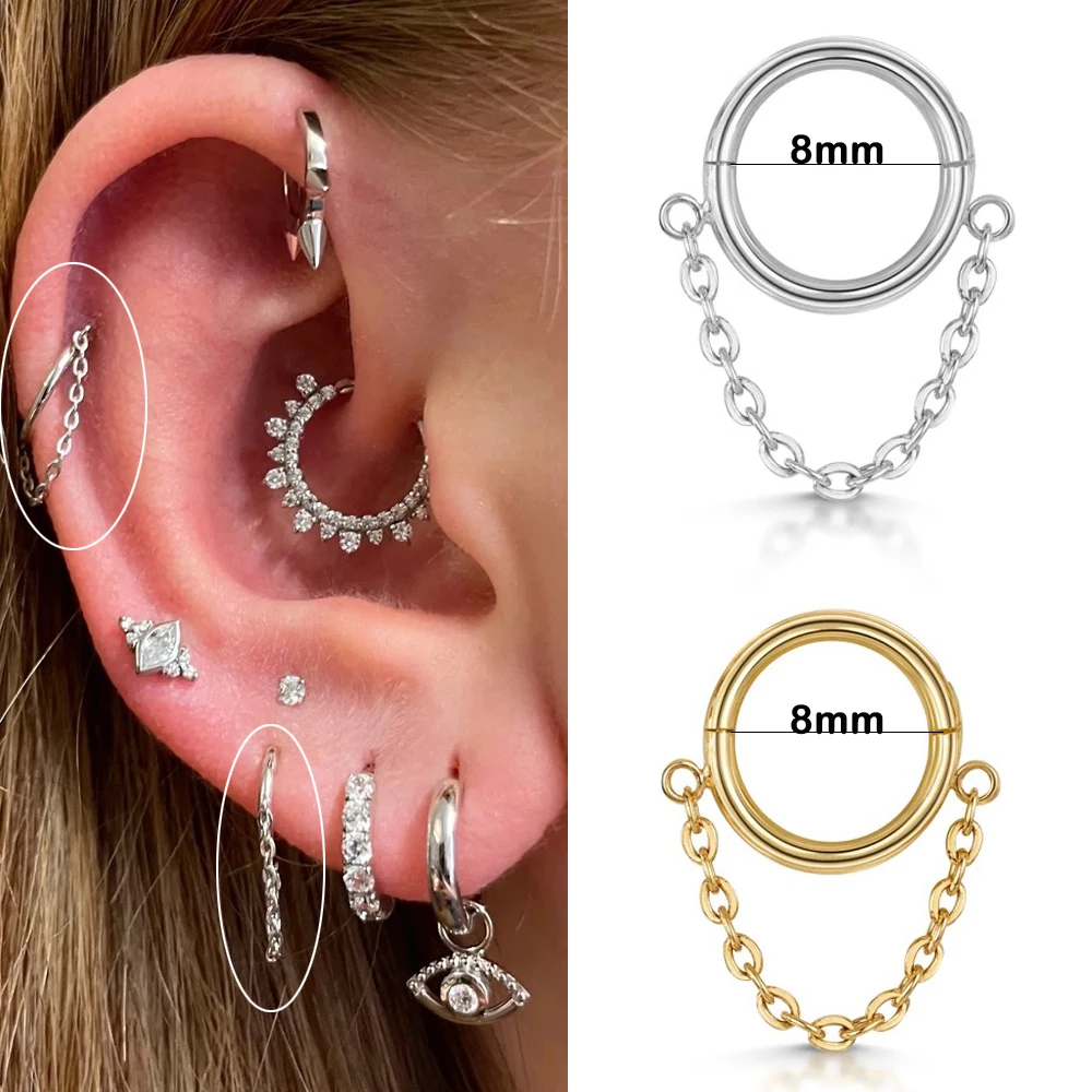 Women's Hoop Earrings with Chain Helix Star Butterfly Crown Zircon Tragus Piercing Ear Rook Daith Sung Body Jewelry Gift CC084