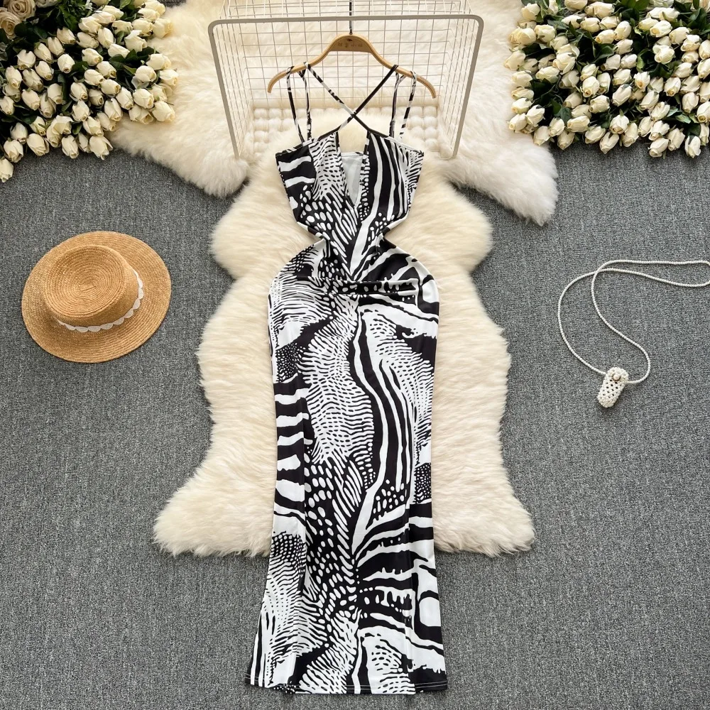 Chic Print Hollow halter Slip Dress Slim High Waist Evening Party Women Halter Hip Wrap Ceremonial dresses