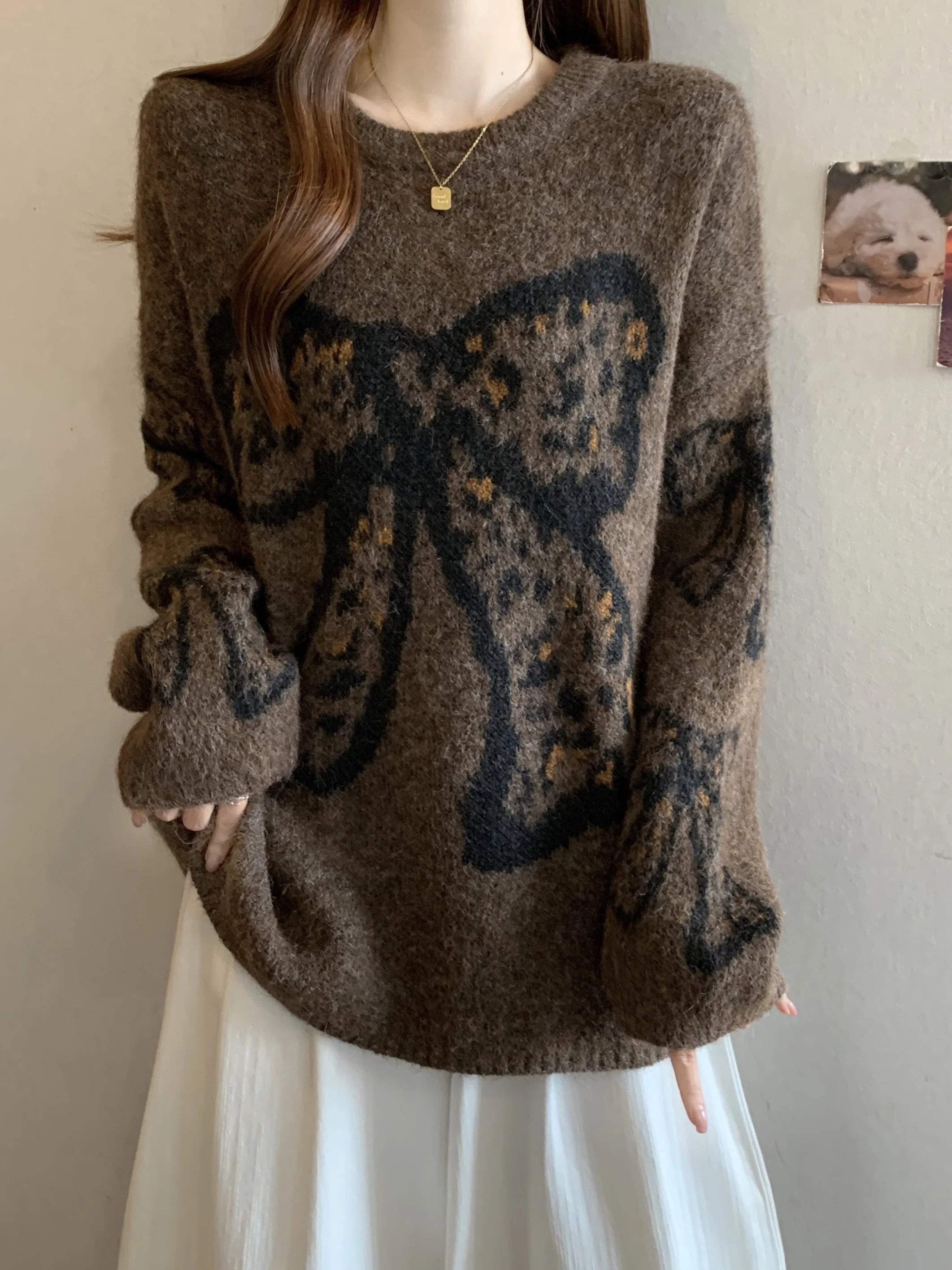 

plus Size Knitted Sweater with Knot round Neck Design for Women Comfortable Breathable Loose Fit Long Sleeve Top