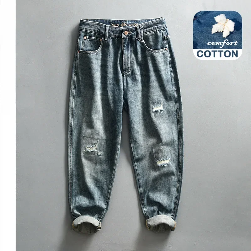 

2024 Spring New Vintage Washed Tapered Jeans For Men Clothing Soft Cotton Casual Streetwear Men Pants AG7195