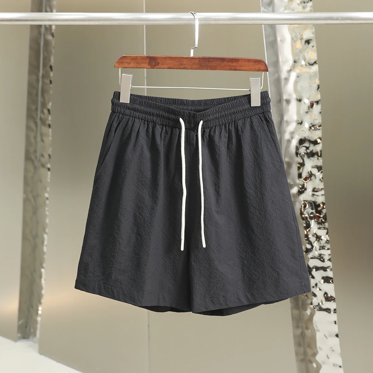 

Men's Summer Casual Bubble Fabric Pleated orts Elastic Waist Spor Feel Polyester Fiber Straight Leg Pants