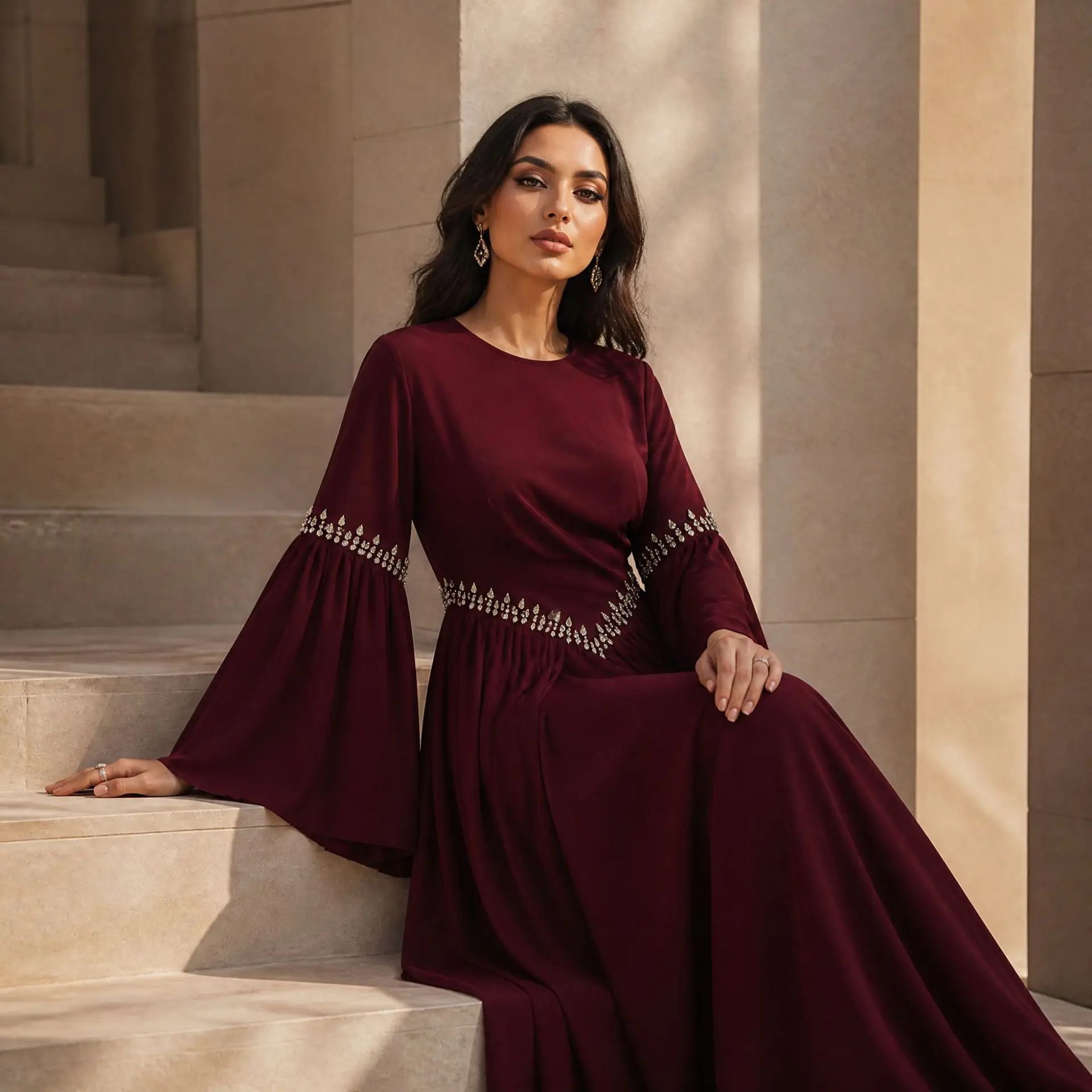 Modest Diamond Pleated Dress Muslim Women Party Dresses Islam Clothing Dubai Abaya Caftan Marocain Femme Vestidos Robe Jalabiya