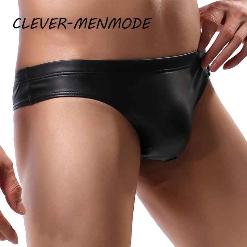 Roupa de biquini gay sexy do sexo masculino do falso do couro u-convexo roupa interior do plutรดnio levantado do saco do pรชnis cuecas apertadas