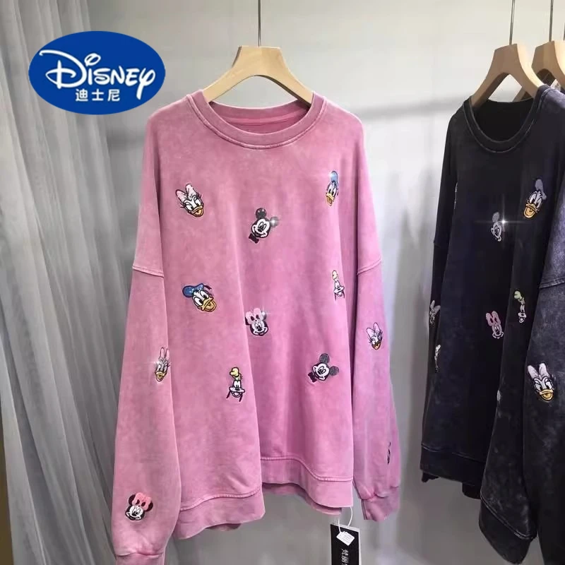 

Disney Women's Oversized Embroidered Mickey Sweatshirt: Loose-Fit Long Sleeve Tunic Top for Winter