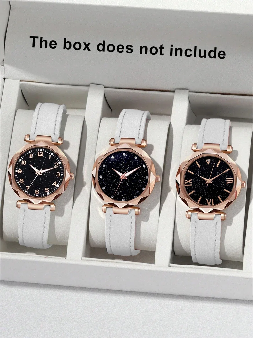 Simple and Fashionable Round Alloy Dial Leather Strap Women's Quartz Watch 3-Piece Set for Christmas and Thanksgiving Gifts