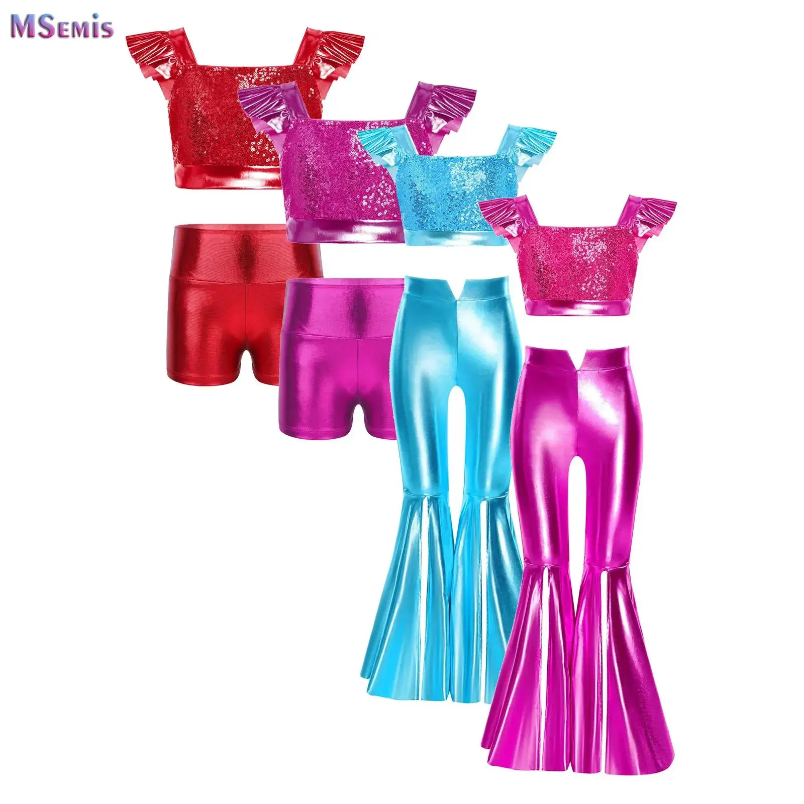Kids Girls Jazz Dance Performance Costume Sequined Sleeveless Crop Top with Split Flared Pants 70s Disco Modern Dance Outfits