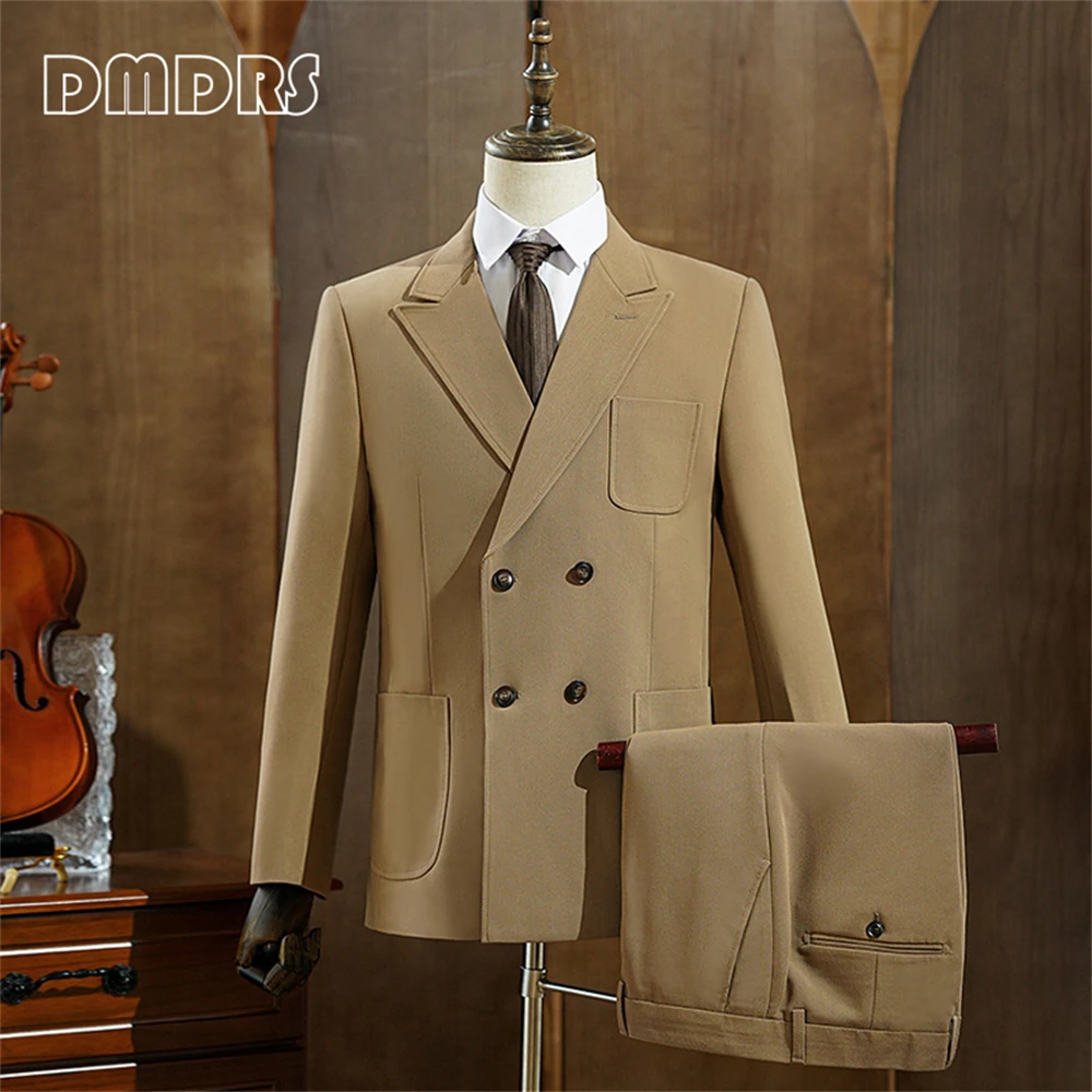 

Khaki Smart Suit Set for Men, Three Pieces Suits Pants Set Slim Fitting Blazer Jacket Vest Pants Plus Size Business Tux