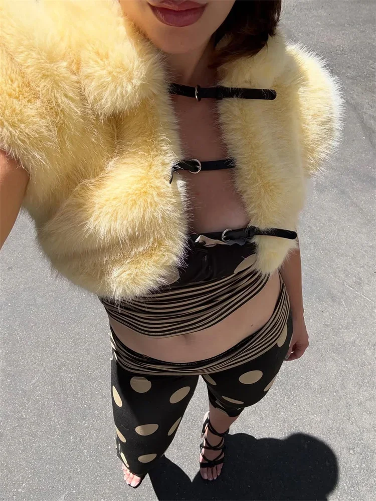 Atasan Vest Bulu Imitasi Seksi dengan Tali di Bagian Depan untuk Wanita, Model Berongga Lengan Pendek Patchwork, Atasan Bulu Imitasi untuk Pesta, Atasan Y2k Wanita