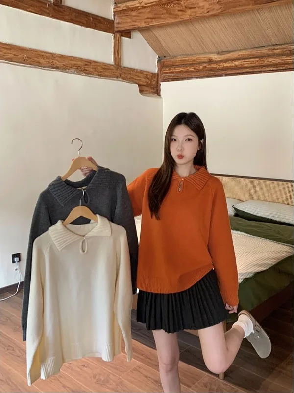 

plus Size Fashionable Long Sleeve Knitted Sweater Women's Autumn Winter Loose Slimming Design Hollow out Necktie Top