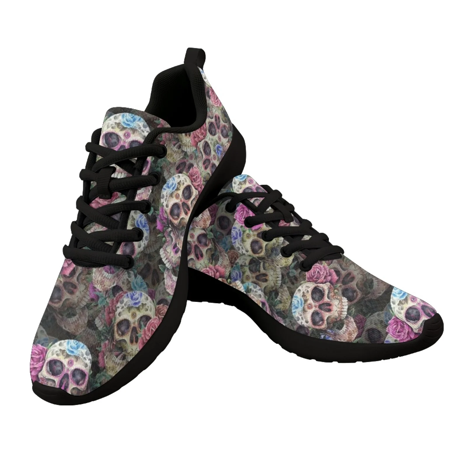 Summer Ladies Sneakers Women Casual Shoes Cute Flowers Skull Print Mesh Slip On Flats Adult Woman Running Jogging Sport Shoes