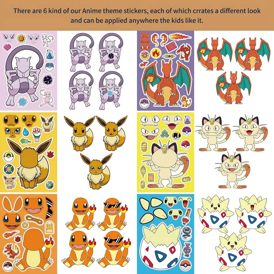 12Sheets Children DIY Puzzle Sticker Pokemon Face Funny Anime Pikachu Assemble Stickers Kids Toys Boys Girls Gifts