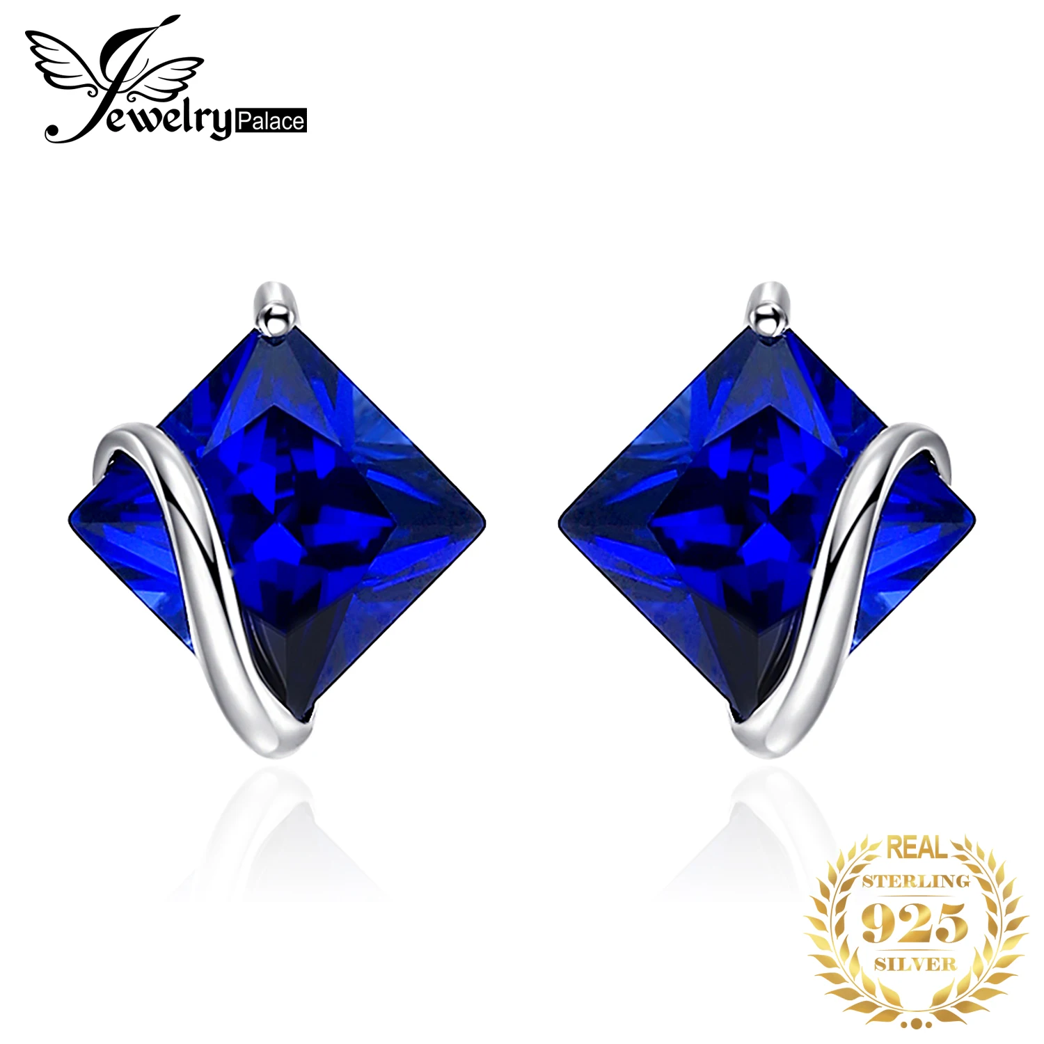 JewelryPalace Square 2.8ct Created Blue Sapphire 925 Sterling Silver Stud Earrings for Women Gemstone Fine Jewelry Birthday Gift