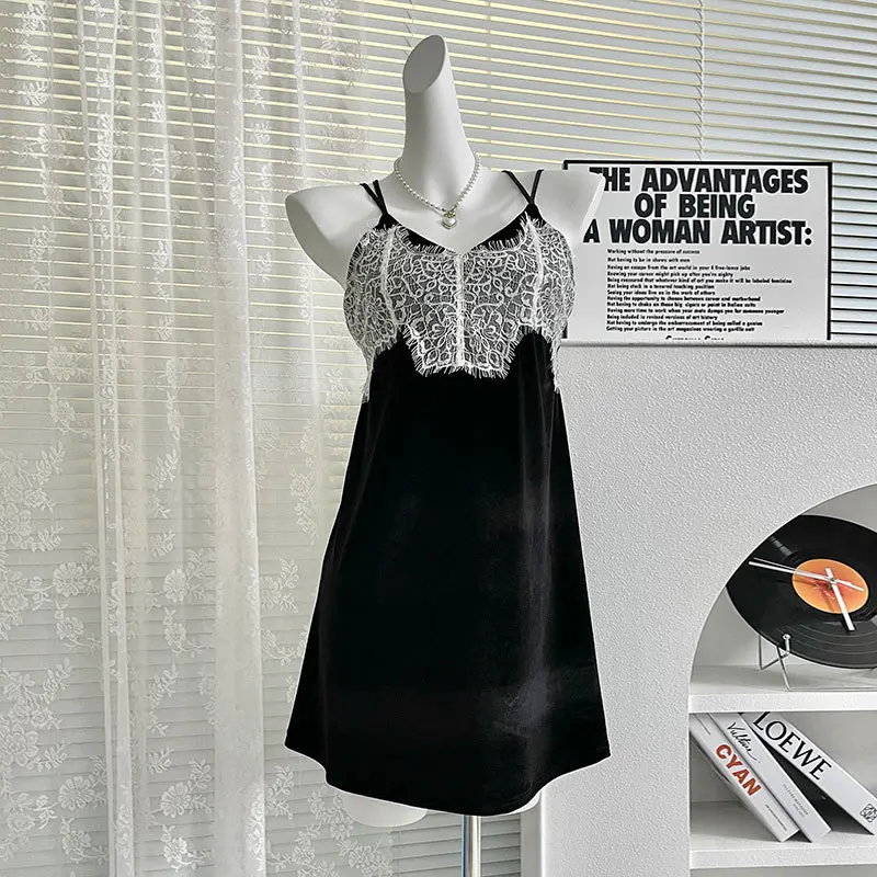 طقم رداء نسائي من القطيفة باللون الأسود للفصول الأربعة ملابس منزلية كيمونو مزين بالدانتيل ثوب نوم مكون من قطعتين ملابس خارجية للاستلقاء #2