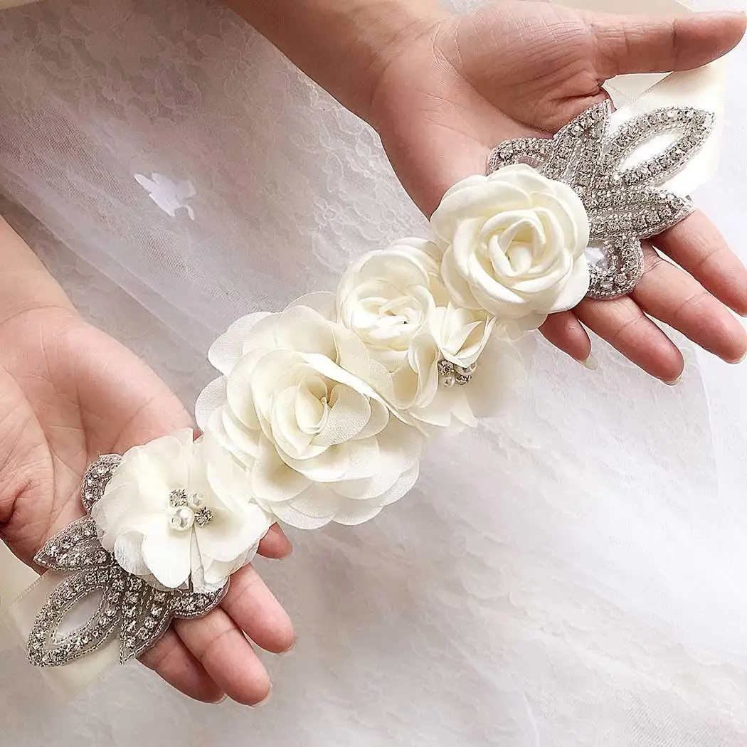 Cinture da sposa bianco avorio fiori perle fiore di raso strass decorazione accessori eleganti damigelle d'onore abiti da donna Sash