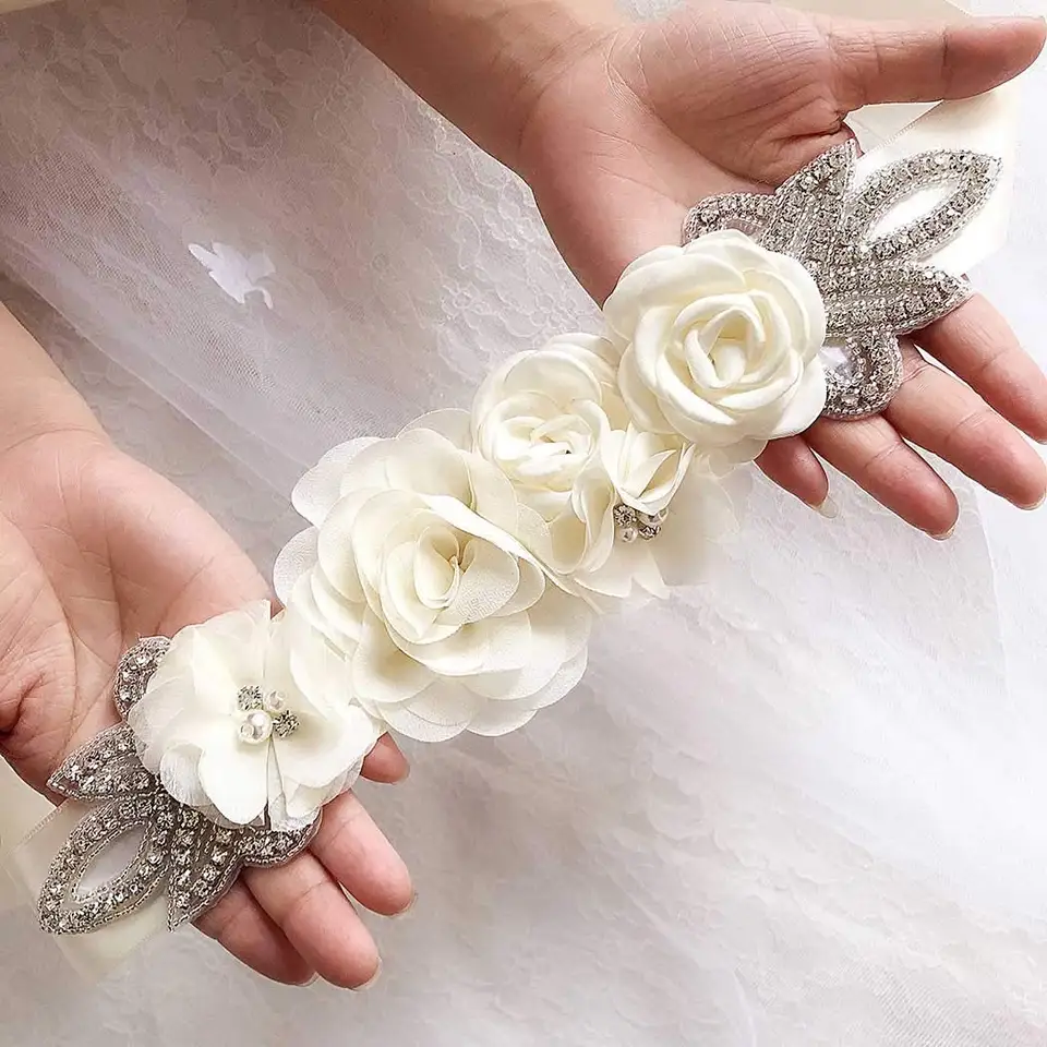Wedding Belts White Ivory Flowers Pearls Satin Flower  display picture 3