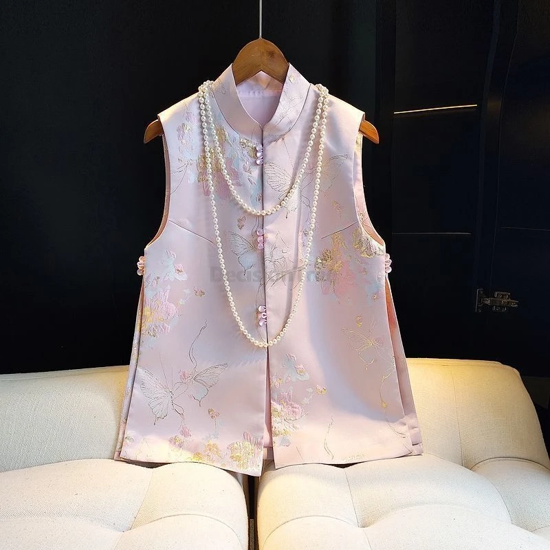 

2025 improved retro tang suit sleeveless cardigan chinese style stand collar printed vest new fashionable elegant versatile vest