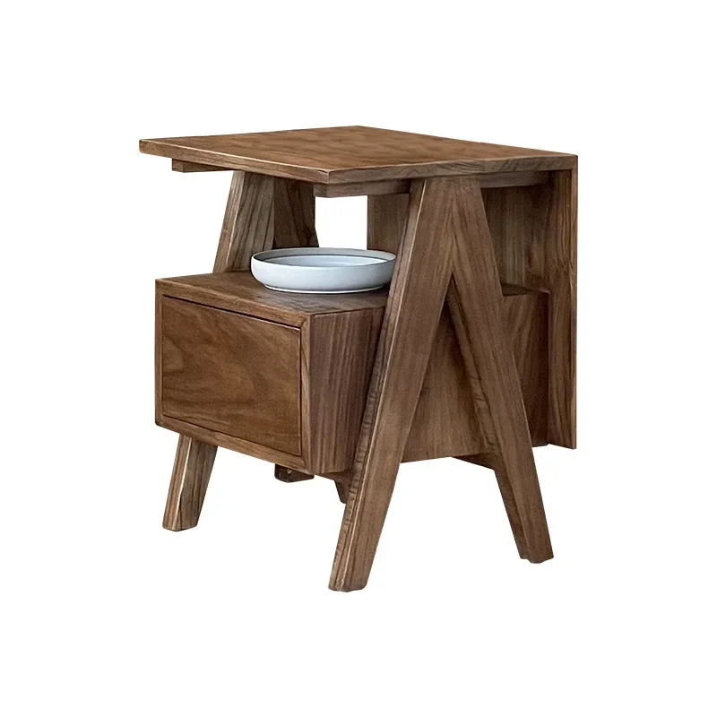 Mesita de noche wabi de nogal arenoso, mesita de noche de madera maciza para dormitorio