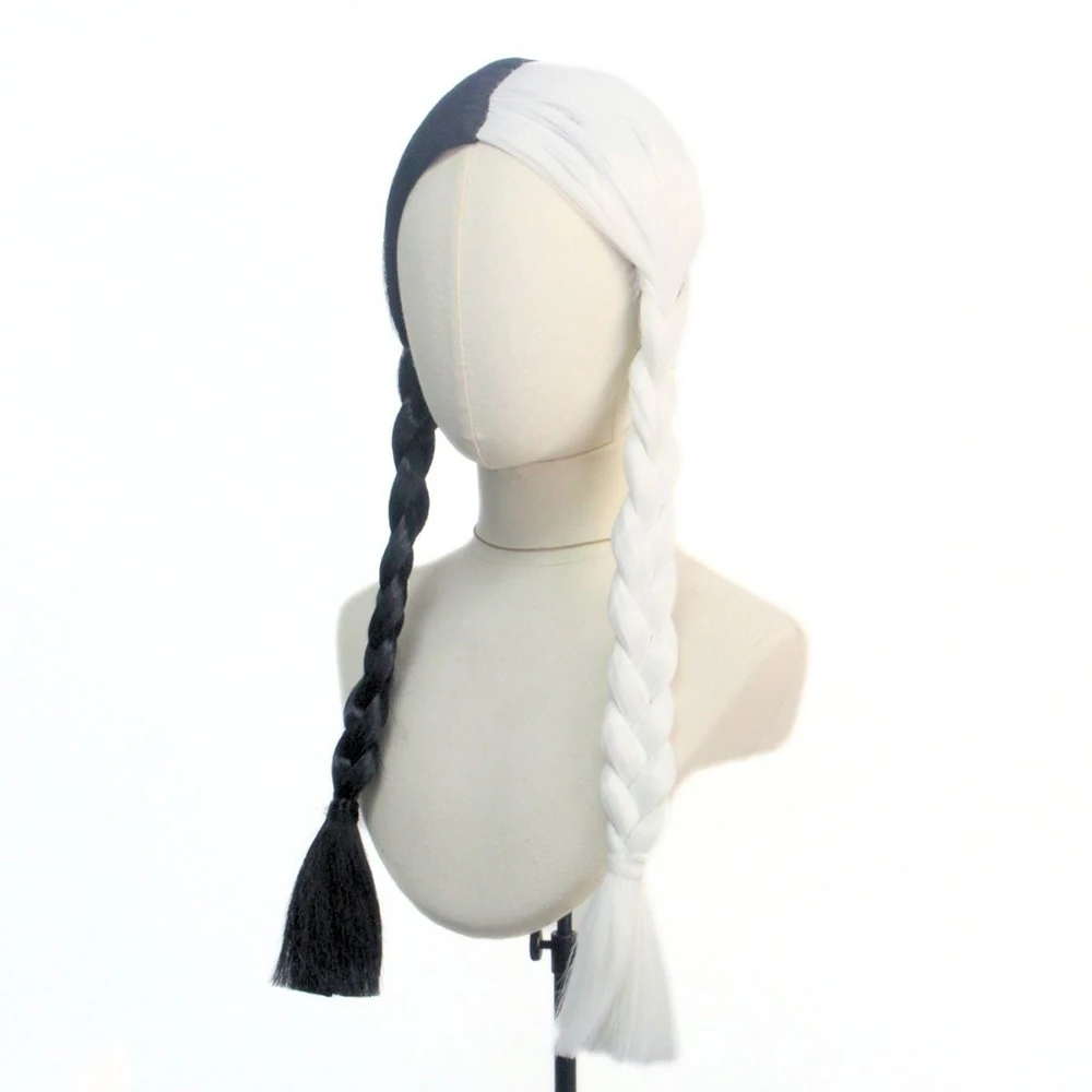 Center Parting Black and White Braid Anime Game Cosplay Wig Fashion Woman Long Hair Festival Party Button Net Whole Wig
