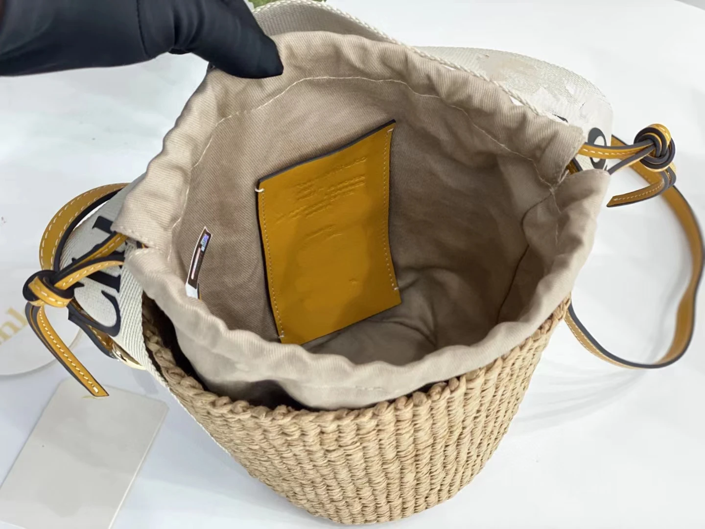 Summer 2023 Summer Women's New Woody Woven Vegetable Basket Bucket Bag Drawstring Letter Panels Ribbon Basket Bag