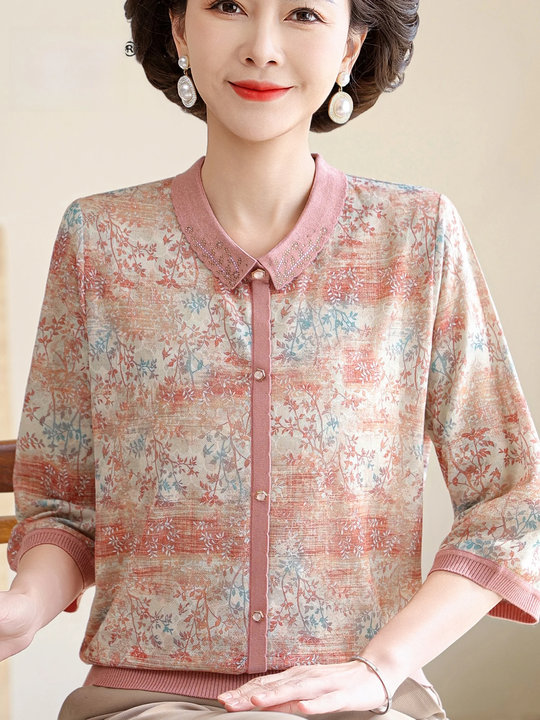 

Summer Faionable Printed Slim Fit irt for Middle-Aged And ly Women Turn-down Collar f Sve Breathable Top