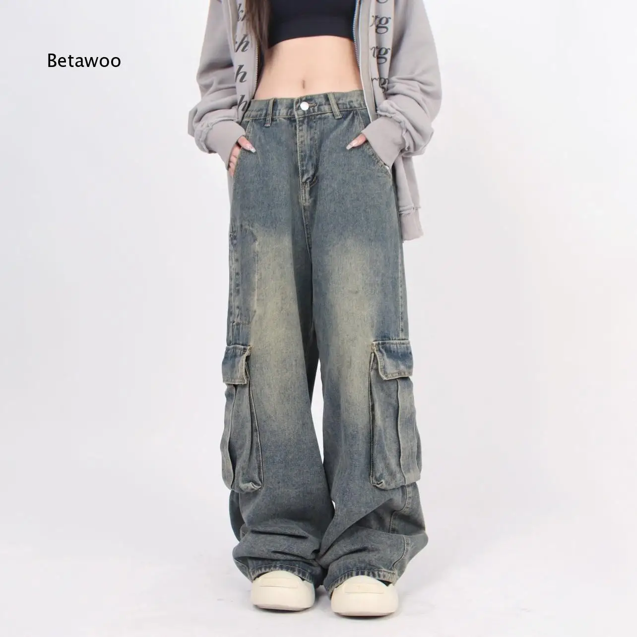 Men American Street Style Washed Denim Jeans Big Cargo Pockets Wide Leg Design Loose Straight Cut Trousers For Spring Autumn Da