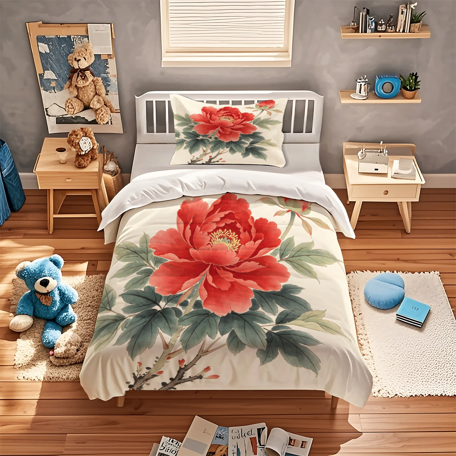 Chinese Ink Painting Red Peony Duvet Cover Set Traditional Chinese Floral Bedding Set Soft Polyester Quilt Cover Home Textile