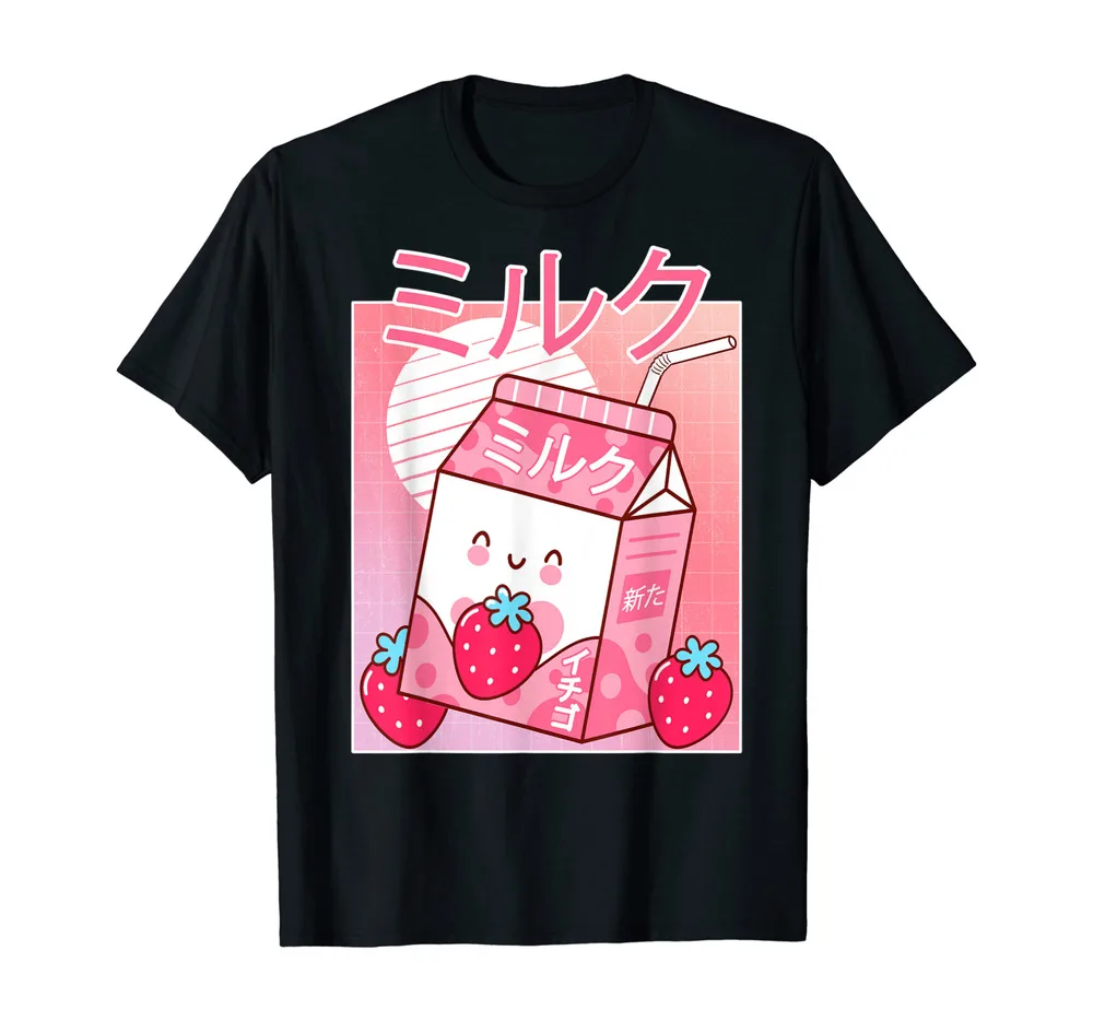 Funny 90s Japanese Kawaii Strawberry Milk Shake Carton T-Shirt Y2K tops Unisex Summer Short Sleeve