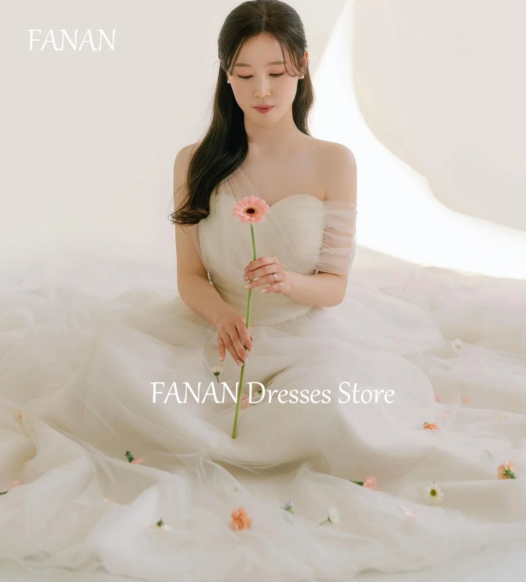 

FANAN Elegant One-Shoulder Korea A-Line Wedding Dresses 웨딩드레스 Tulle Lace-up Simple Ivory Custom Made Bride Gowns Plus Size