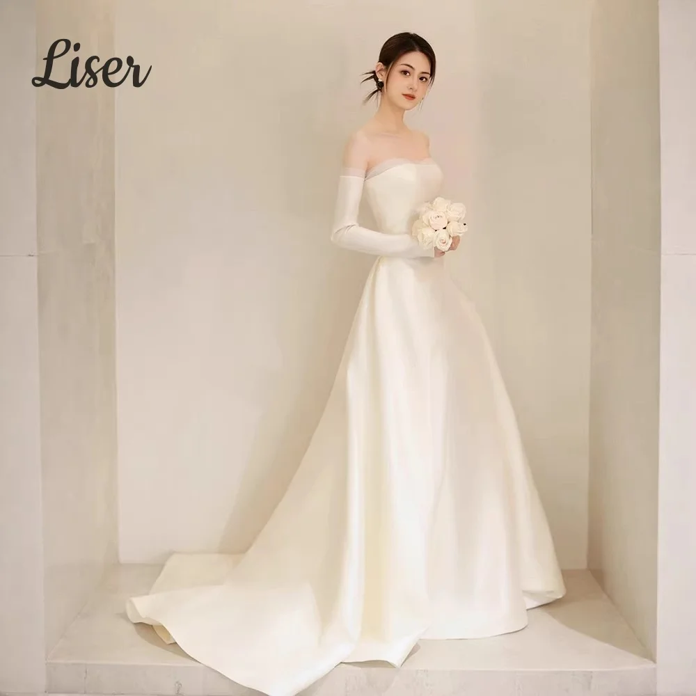 Liser Classic Wedding Dress Remove Full Sleeves Corset Back Train A-Line Korea Photo Shoot Bridal Reception Gown Customized