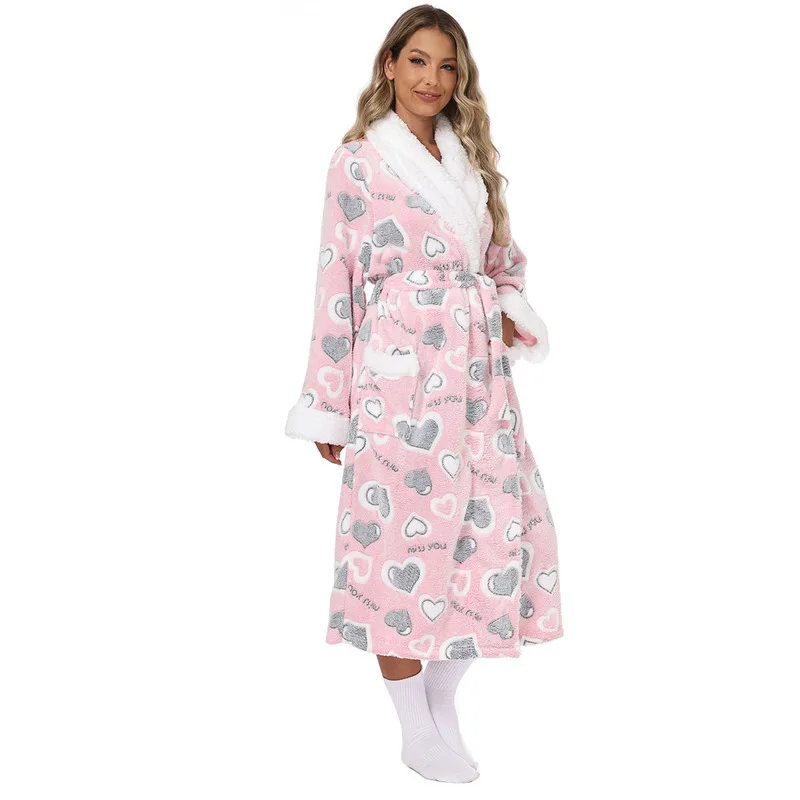 European and American autumn winter new Woman tie-front flannel bathrobe thickened warmth Pajamas with a heart  for cold weather