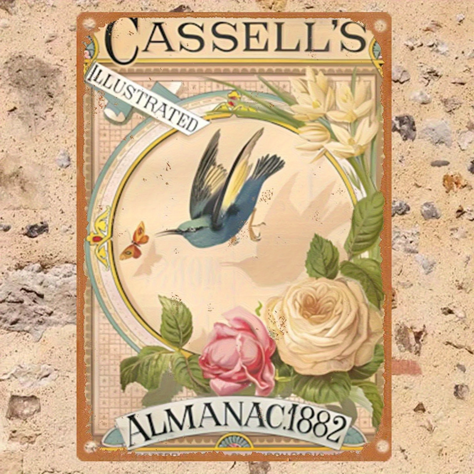 Vintage Cassell's Almanac 1882 Metal Tin Sign Wall Art - Bohemian Floral & Bird Design, Durable Tin,