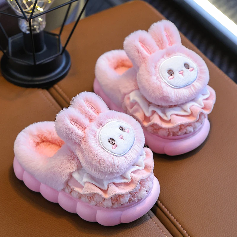 2024 New Winter Warm Cute Rabbit Indoor Closed-toe Mule Soft Non-slip Kids Fluffy Slippers For Girls Children Home Cotton Shoes