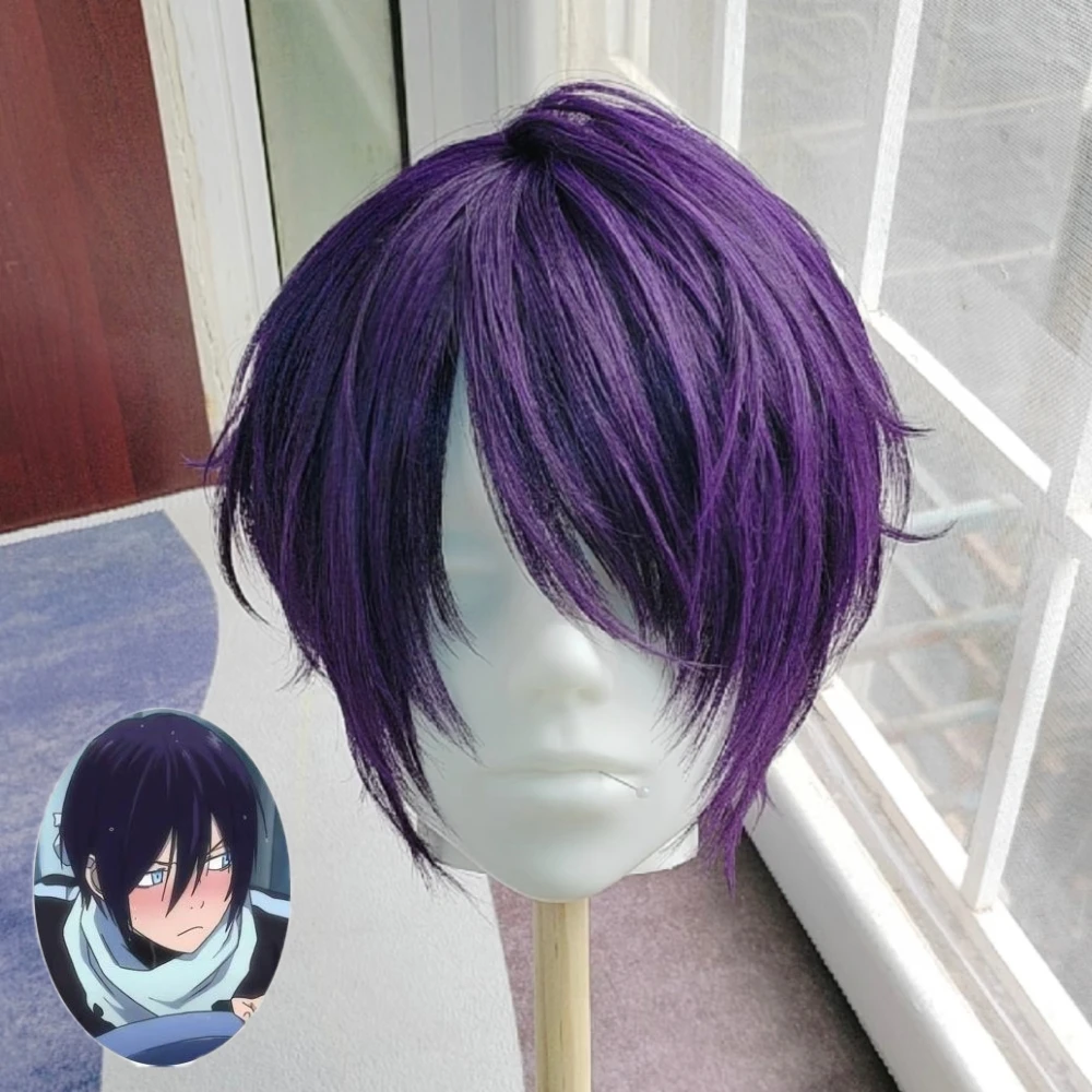Anime Takasugi Shinsuke Cosplay Wig Dark Purple Short Hair Rose Net Cap Heat Resistant Synthetic Fiber Wig for Halloween Party
