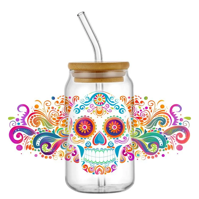 3D Dia de Muertos Skeleton Decal Washable 3D UV DTF Cup Wrap Sticker for 16oz DIY Custom Label Mug Waterproof Transfer Sticker