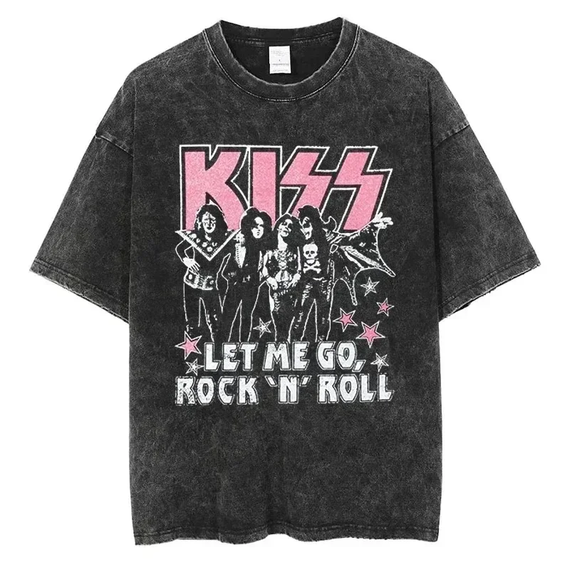 Kiss Rock Band Graphic T-Shirt Gothic Fashion Men'S And Women'S Oversized Street Wear Washed Cotton Vintage Short Sleeve T Shirt