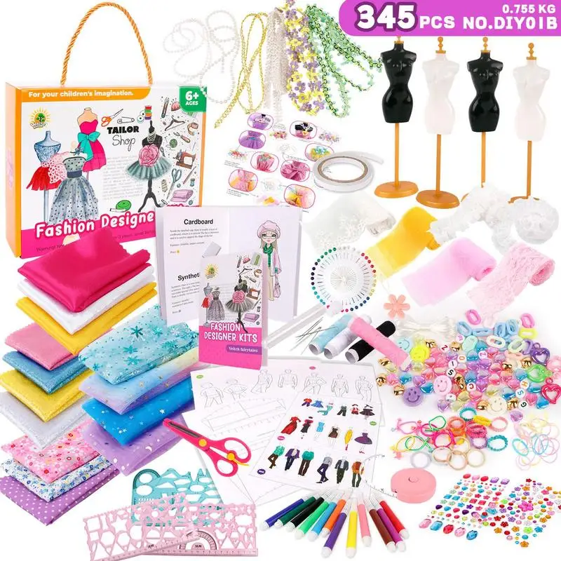 Fashion Design Kit For Girls 345pcs Girls Embroidery Kit Sewing DIY Basic Reusable Kit For Creativity DIY Arts Learning Crafts