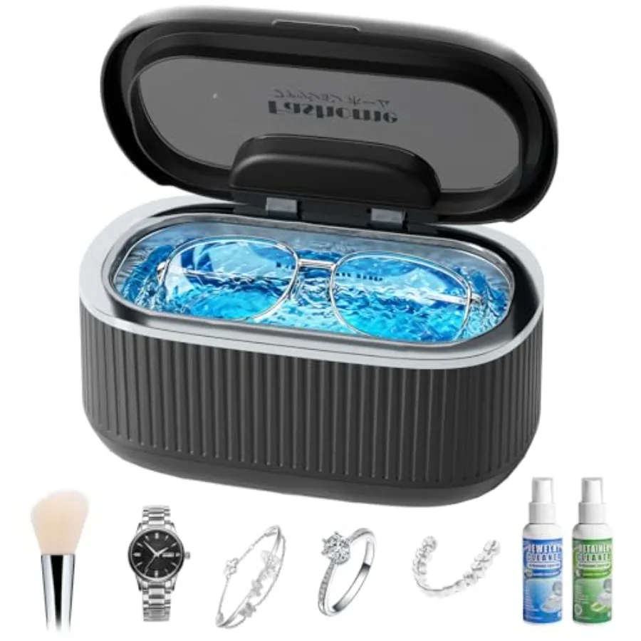 Ultrasonic Jewelry Cleaner Machine 45kHz Sonic Cleaner for Rings Glasses Braces 550ml Stainless Steel Tank with 2x100ml Solutio