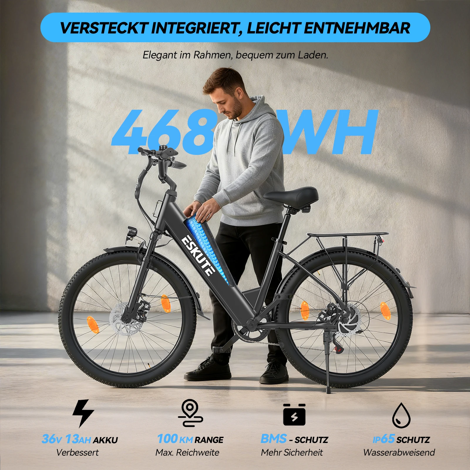 ESKUTE C100 PLUS Elektrofahrrad für Erwachsene, 250 W, E-City-Elektrofahrrad, Urban Commuter, 36 V, 13 Ah, Batterie, 26-Zoll-Reifen, E-Bike – Detail 4