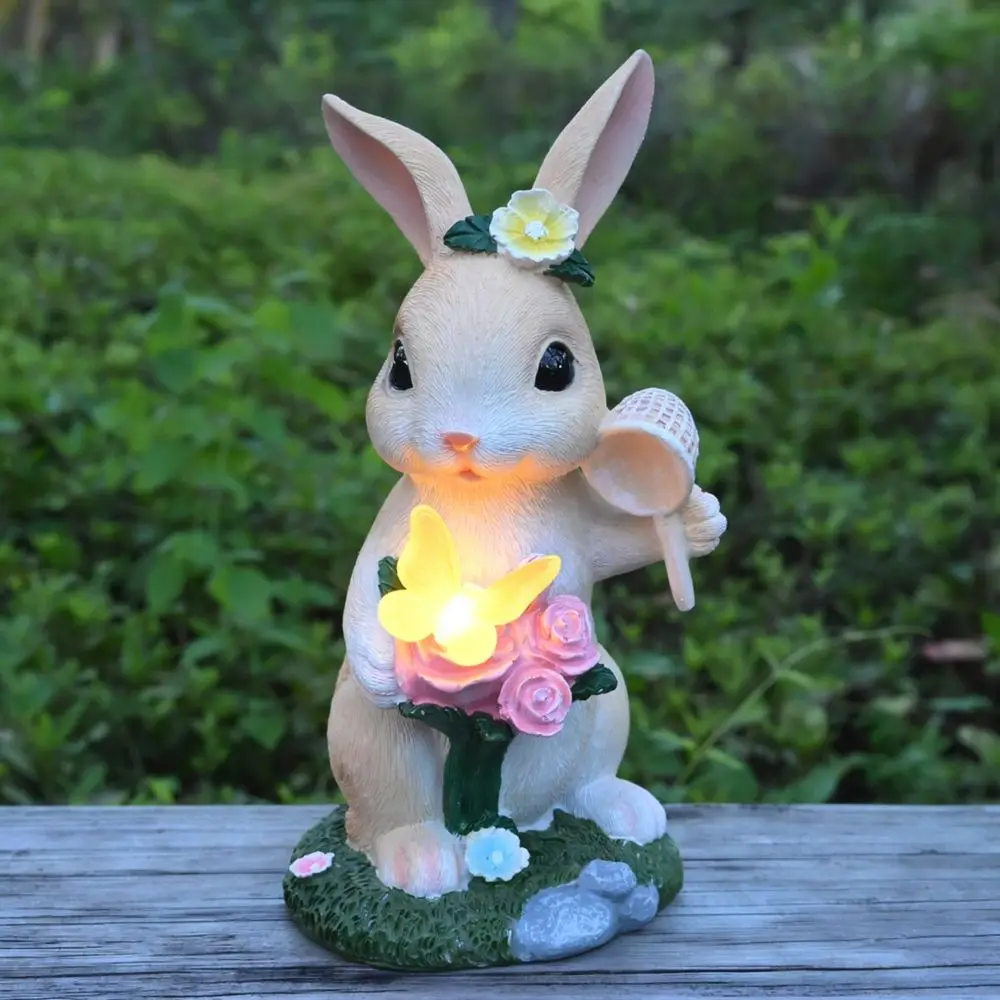 Lampe solaire décorative en forme de lapin et de papillon, sculpture en résine, décoration de jardin extérieur, ornement de chemin de jardin, figurine d'éclairage paysager