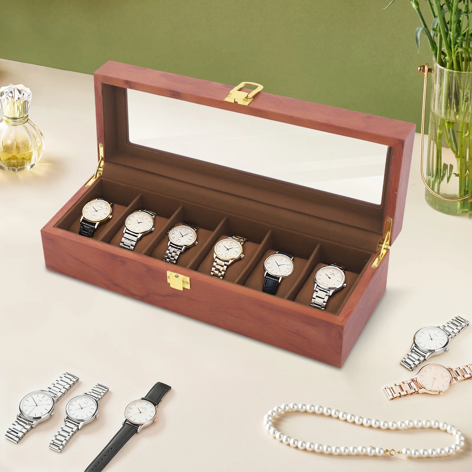 Caja para Relojes de 6 Compartimentos, Estuche de Madera con Cerradura, Organizador de Relojes de Terciopelo con Tapa Transparente para Guardar Joyas y Gemelos