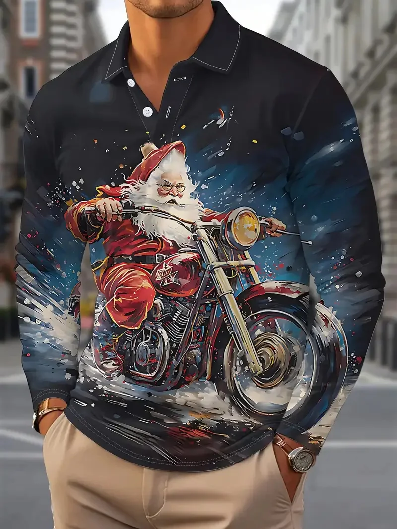 Polo gráfico de Papá Noel para motocicleta para hombre, camisas con solapa con tema navideño, divertido jersey de manga larga con estampado 3D