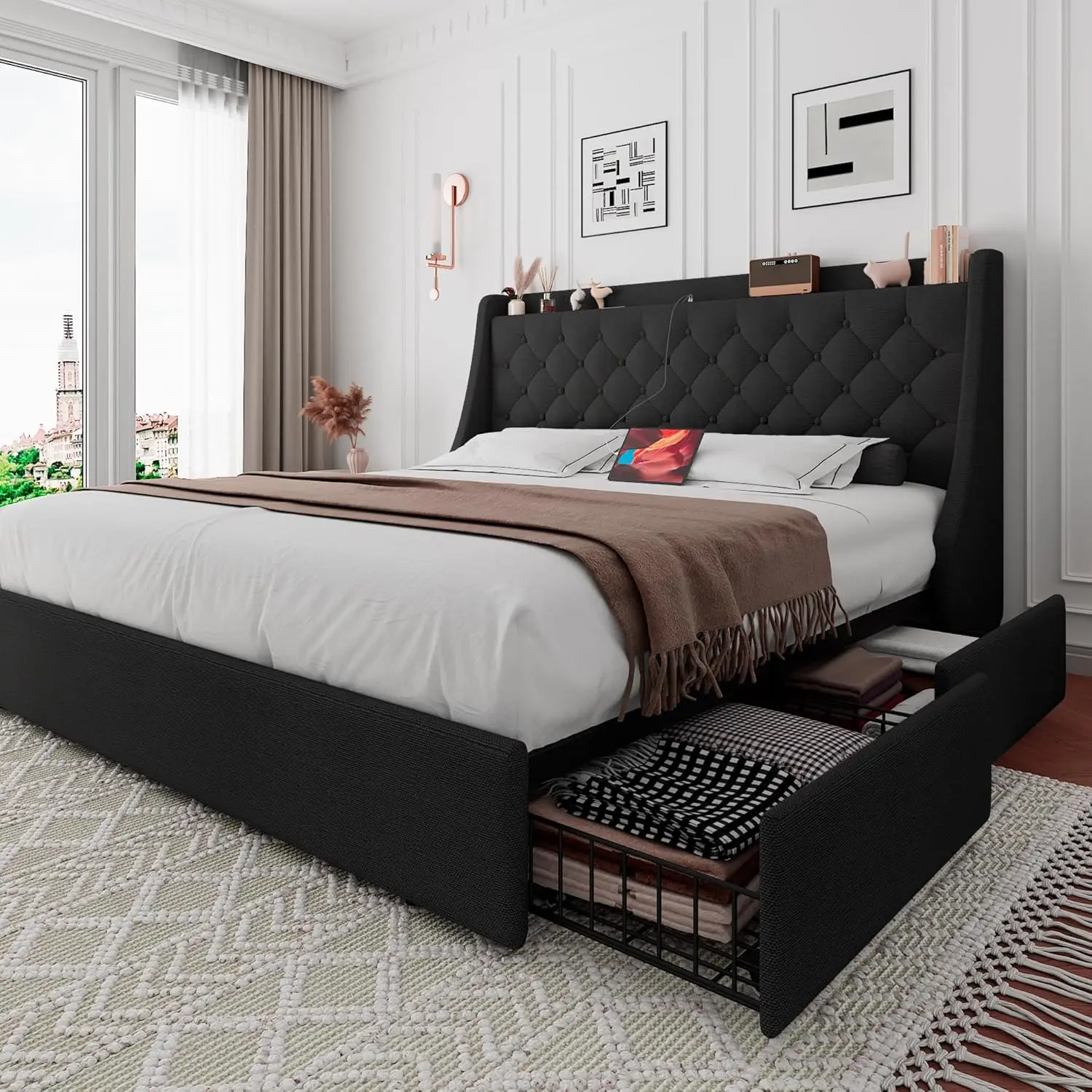 

Queen Upholstered Bed with 4 Drawers, Type-C/USB Ports, Wingback Storage Headboard, Wood Slats, No Box Spring, Black