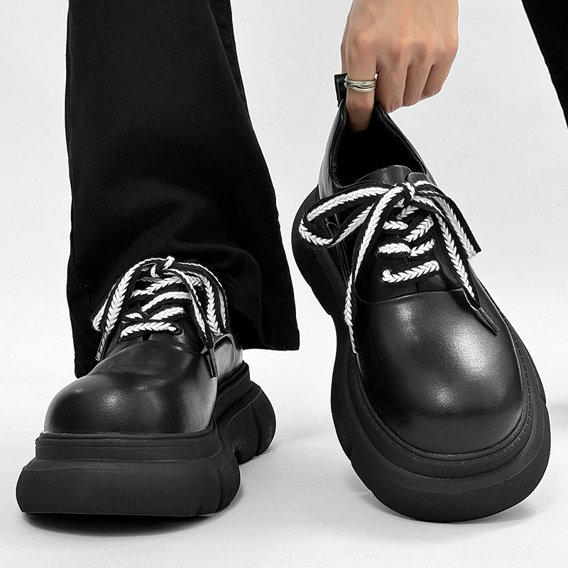 mens casual stage nightclub natural leather shoes lace-up oxfords shoe black designer platform sneakers stylish chunky footwear