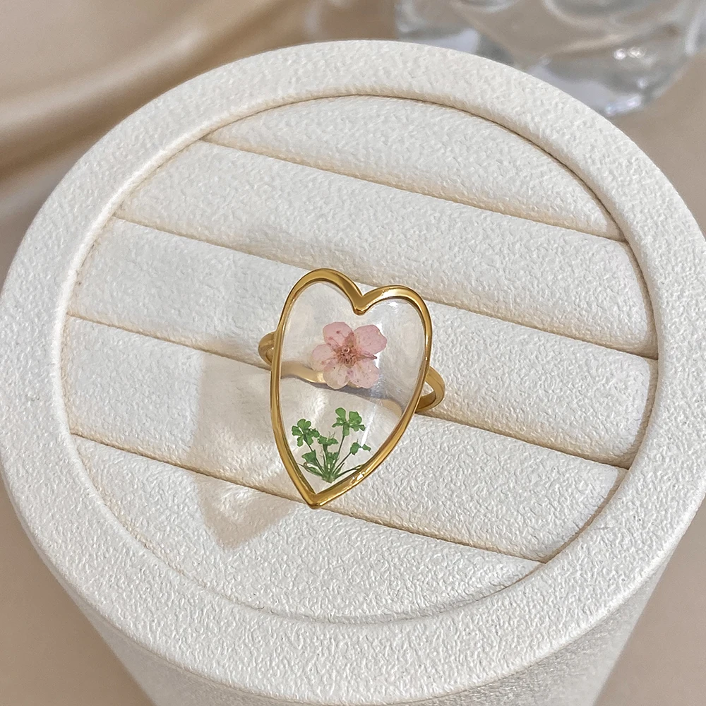 ALLYES Elegant Natural Flower Plant Heart Open Rings for Women Romantic Gold Plated Stainless Steel Finger Ring Jewelry Gifts