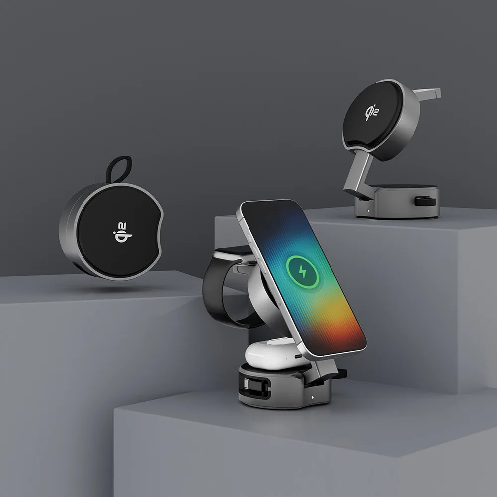 

New metal wireless charger QI2 three-in-one foldable phone stand with adjustable desktop mobile wireless charging