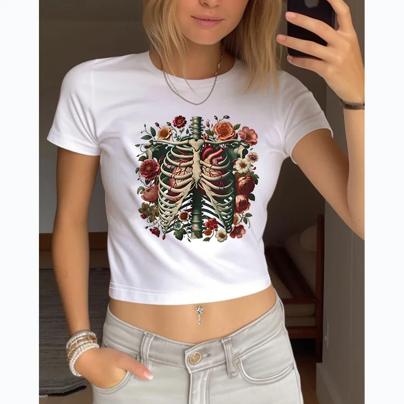 

Casual Streetwear Vintage Women Crop Top Gothic Aesthetics Versatile Summer T-shirt Harajuku Creative Skull Pattern Printing Tee