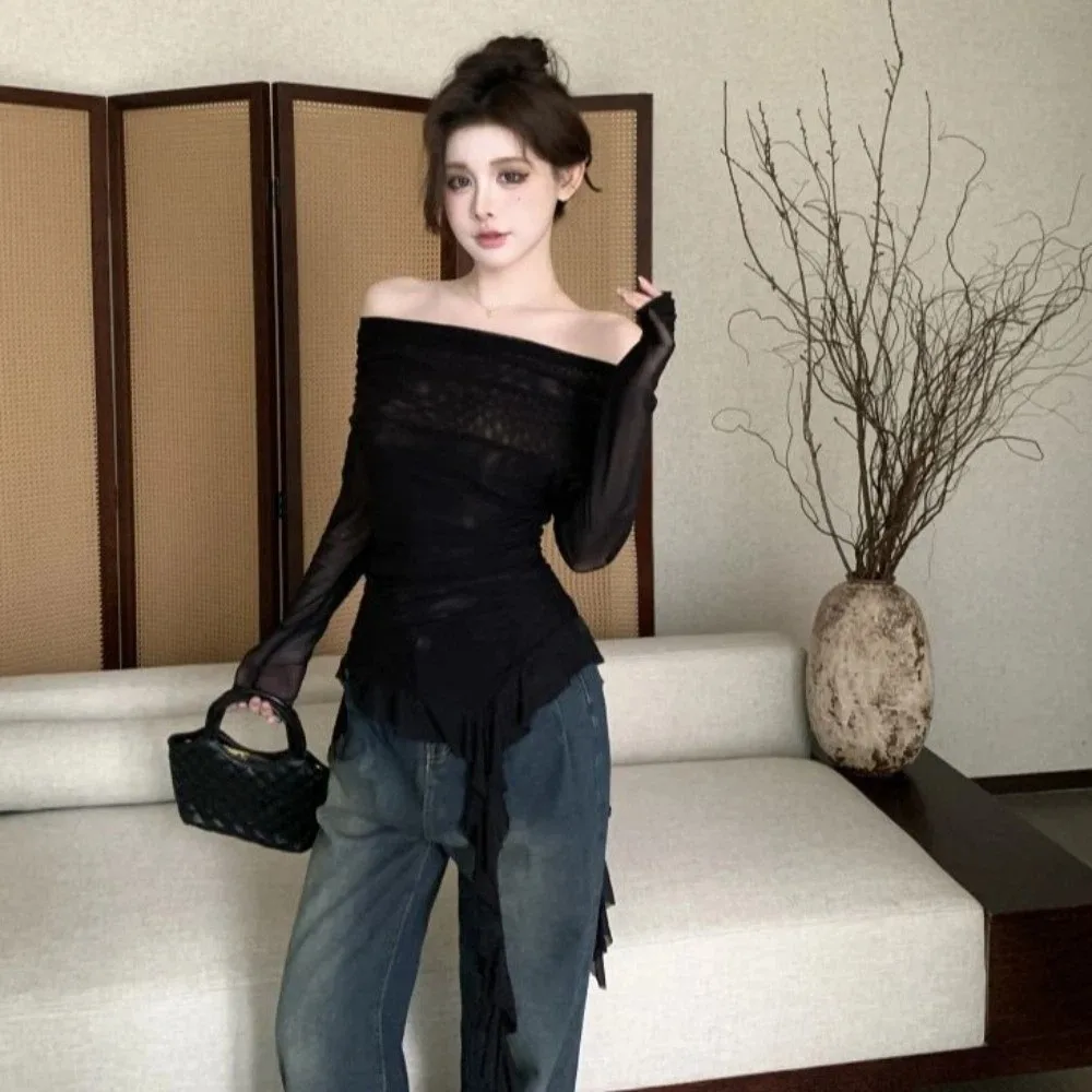 

Streetwear Jellyfish Mesh Belt T-Shirt Korean Y2K Ins Elf Long Sleeve Slim Fit Crop Tops Off Shoulder Collar Irregular