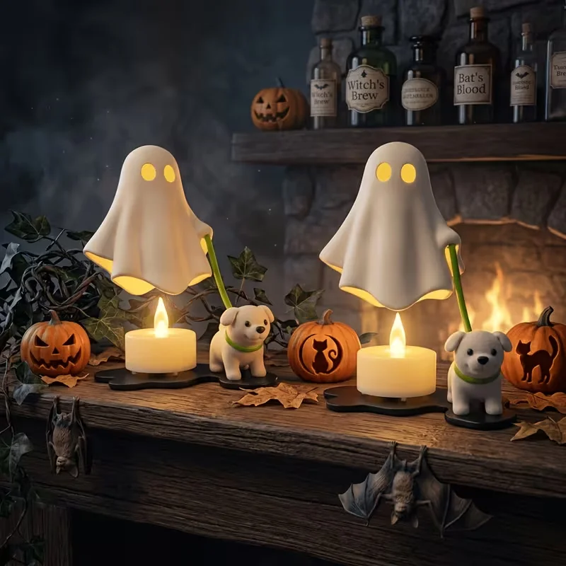 New 1pc Candlestick Candle Holder Cute Ghost With Dog Figurine Statue Home Bedroom Desk Decoration Halloween Excluding Candles