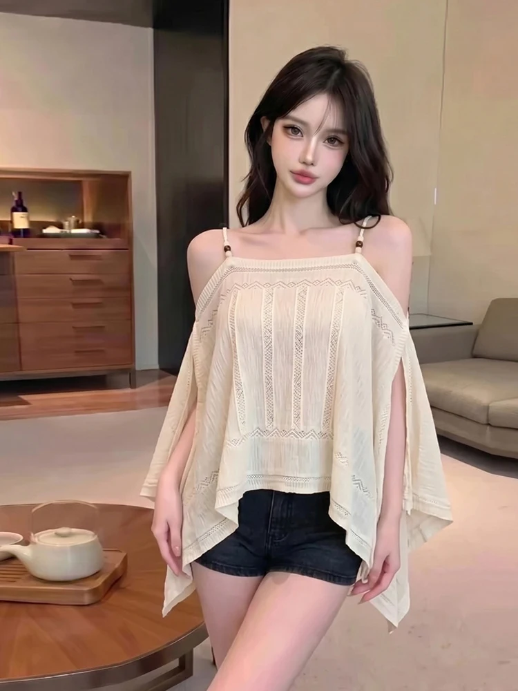 Retro Beaded Shoulder Bared Knitwear Loose Summer Casual Women's Top Elegant Slimming Vintage Style Holiday Mood Outerwear